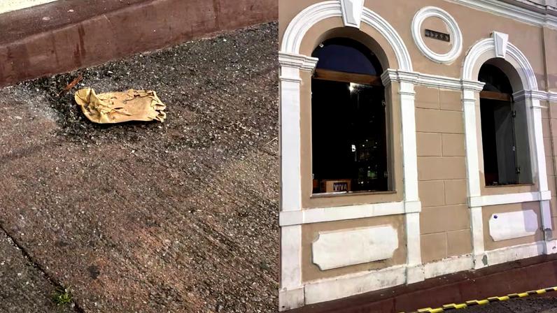 Do lado de fora, ele se exaltou e arremessou uma tampa de bueiro contra a fachada, quebrando duas vidraças centrais de grande porte.