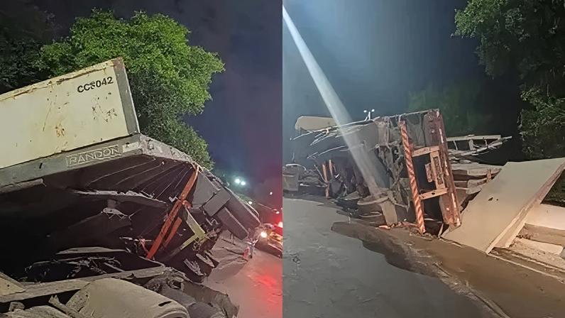 Ao tombar o semirreboque, algumas dessas placas caíram sobre os trilhos da Trensurb, atingindo a região próxima à Estação Petrobras
