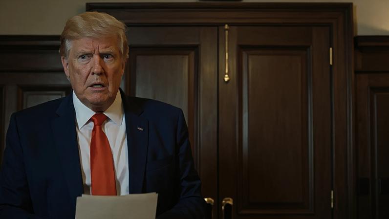 Trump em vídeo de IA veiculado pela agência iraniana FARS (Imagem: Reprodução)