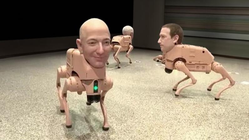 Cães robóticos com os rostos de bilionários da tecnologia como Elon Musk e artistas como Pablo Picasso estão em exibição na Neue Nationalgalerie de Berlim, cativando os visitantes.
