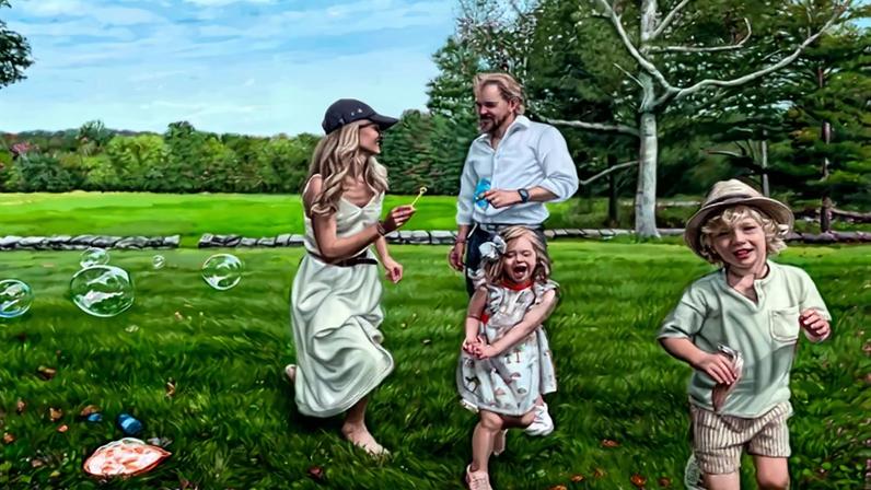 Michelle Doll, Chasing Bubbles, 2024, Oil on Canvas, 57” × 70"