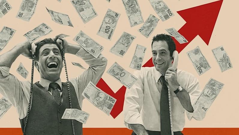 Ilustração de operadores de bolsa ao redor de uma chuva de reais e um gráfico de seta subindo