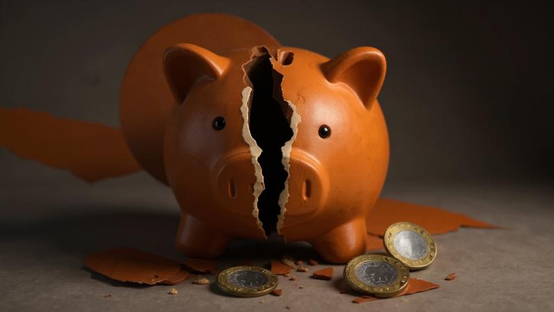 porco cofrinho rachado no meio e moedas caídas no chão