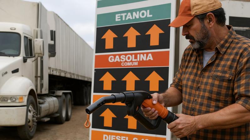 Ilustração de um caminhoneiro segurando uma bomba de gasolina ao lado de uma placa de preços