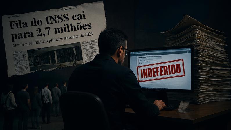 Governo celebrou redução das filas do INSS em março, mas especialistas apontam manobra com indeferimentos em massa (Foto: Ilustração Gazeta do Povo - com DALL-e)