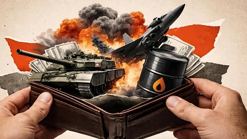 Ilustração de uma carteira com um tanque de guerra, um barril de petróleo e um caça dentro com uma explosão e dinheiro ao fundo