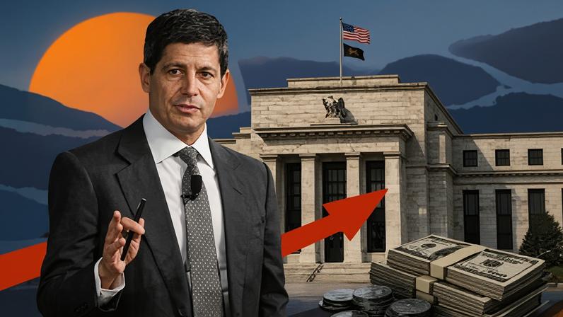 Ilustração de Kevin Warsh ao lado do prédio do Federal Reserve