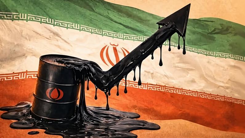 Ilustração de petróleo escorrendo de um barril com uma seta subindo e a bandeira do Irã ao fundo