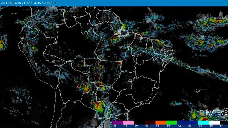Primeira quinzena de abril de 2026 termina com a formação de uma ciclone extratropical e uma frente fria entre o Uruguai, o RS, a Argentina e o Paraguai. (Imagem: satélite GOES 16/Climatempo)