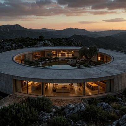 Mansão circular de 1.600 m² na Espanha sem paredes externas oferece vista 360°