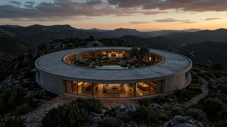 Essa escolha geométrica rigorosa garante uma circulação perimetral ininterrupta pelos espaços da casa, entregando uma visão limpa de 360 graus da paisagem