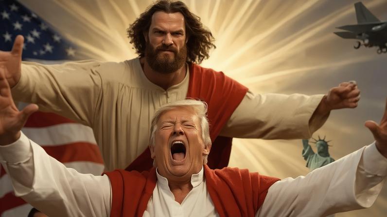 Presidente dos EUA, Donald Trump, aparece prestes a levar um soco de Jesus Cristo em vídeo produzido por inteligência artificial divulgado pela Embaixada do Irã no Tajiquistão | Foto: Reprodução/X/@IRANinTJ - 14.04.2026