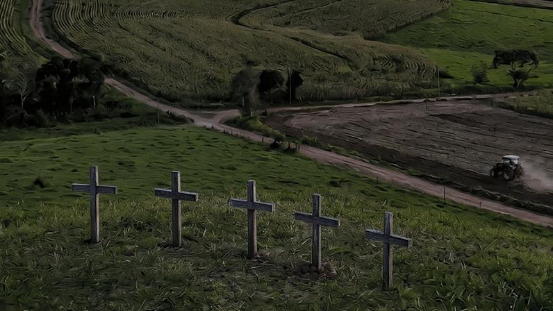 O ano com mais ocorrências do tipo foi 2017, com 74 mortes; na imagem, gerada por IA, cruzes em um campo