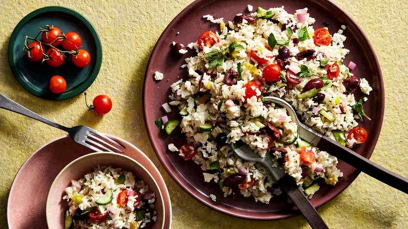 Cucumber, tomato, feta and fresh herbs rice salad