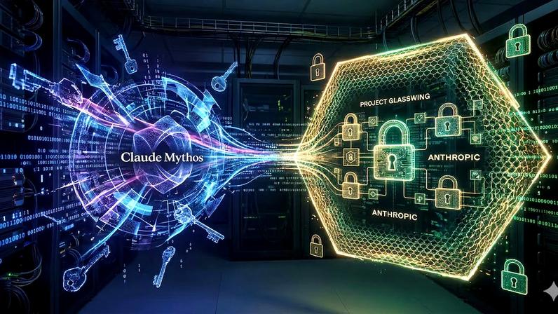 Ilustração abstrata gerada por IA com elementos de segurança como cadeados, chaves e criptografia sobre a solução de IA da Anthropic que teve seu lançamento adiado