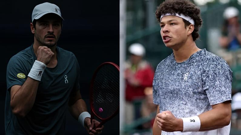 ESQUERDA: João Fonseca na vitória sobre o húngaro Fabian Marozsan em Miami (Foto: Matthew Stockman/AFP) | DIREITA: Ben Shelton reage durante final de duplas contra Orlando Luz e Rafael Matos, no River Oaks Country Club. (Foto: Kenneth Richmond/Getty Images/Afp)