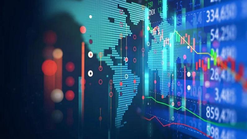 Gráfico de investimento do mercado de ações com indicadores e dados de volume.