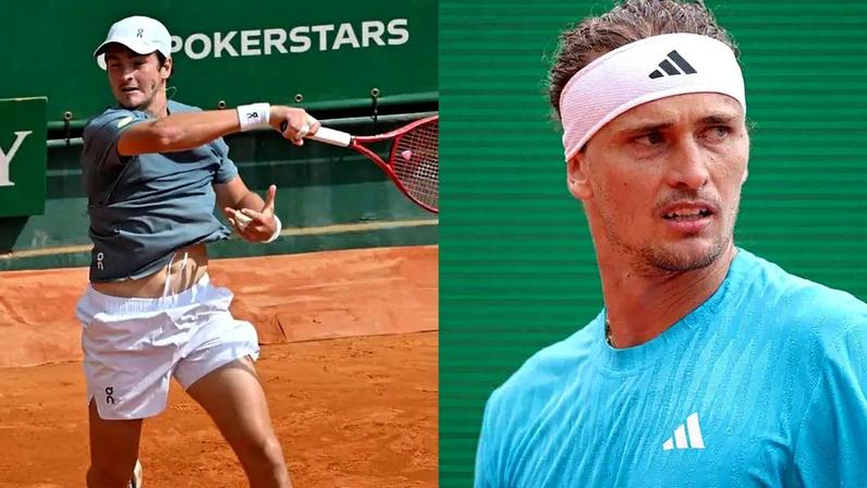 O brasileiro João Fonseca (esquerda) e o alemão Alexander Zverev (direita) se enfrentarão pelas quartas do Masters 1000 de Monte Carlo (Foto 1: Reprodução) (Foto 2 : Valery Hache/AFP)
