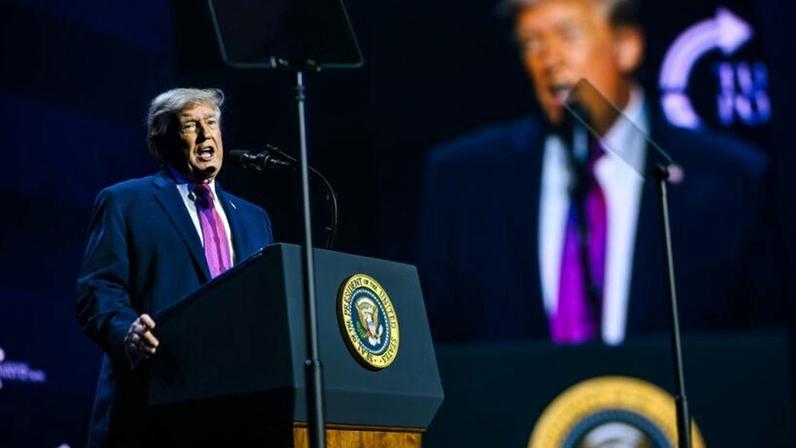 O presidente dos EUA, Donald Trump, durante evento da organização Turning Point no Arizona, em 17 de abril de 2026