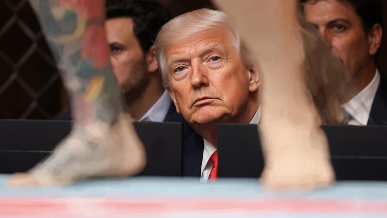 MIAMI, FLORIDA - APRIL 11: U.S. President Donald Trump watches a featherweight bout during UFC 327 at the Kaseya Center on April 11, 2026 in Miami, Florida. (Photo by Carmen Mandato/Getty Images)