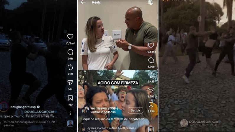 Dois influenciadores e pré-candidatos ao cargo de deputado estadual tentaram debater com estudantes de Filosofia da UFMG, mas precisaram deixar o local sob escolta. (Foto: Reprodução/Instagram/@douglasgarciasp)