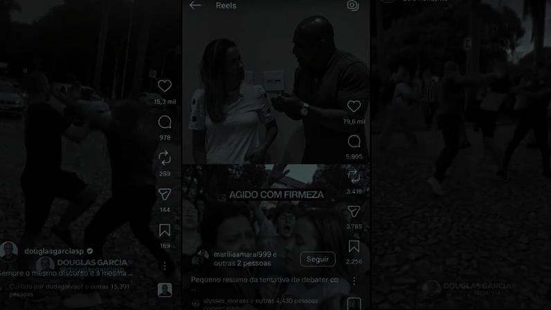 Dois influenciadores e pré-candidatos ao cargo de deputado estadual tentaram debater com estudantes de Filosofia da UFMG, mas precisaram deixar o local sob escolta. (Foto: Reprodução/Instagram/@douglasgarciasp)