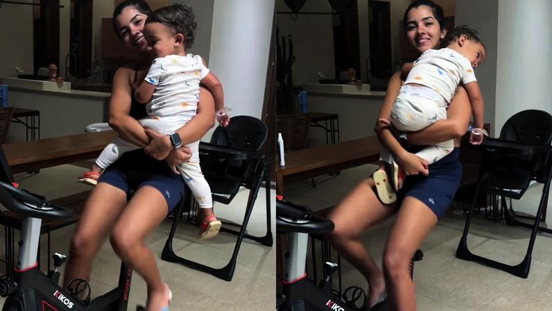 Ary Mirelle fez treino na bicicleta com o filho no colo