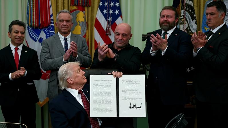 President Trump was joined by US health secretary Robert F. Kennedy Jr and podcaster Joe Rogan.
