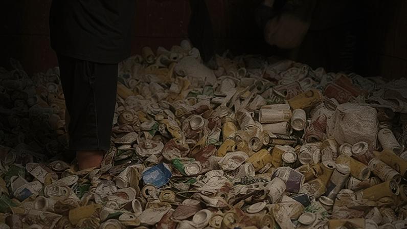 Trabalhadores separam latas para reciclagem