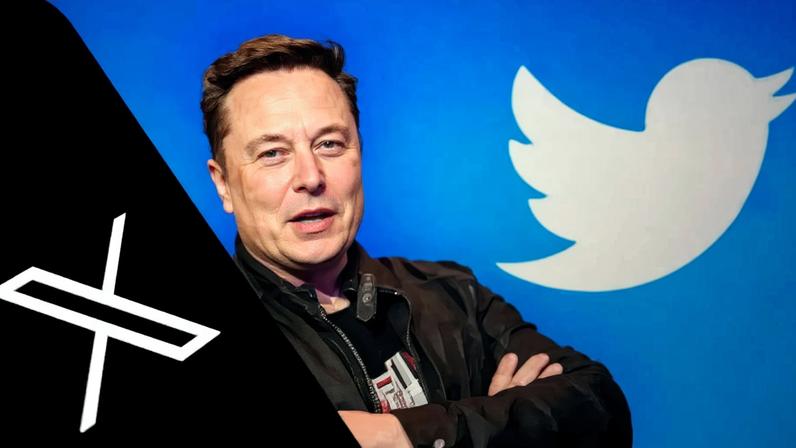 Elon Musk envolto aos logos do X e Twitter