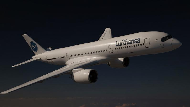 Avião comercial da Lufthansa voando no céu acima das montanhas