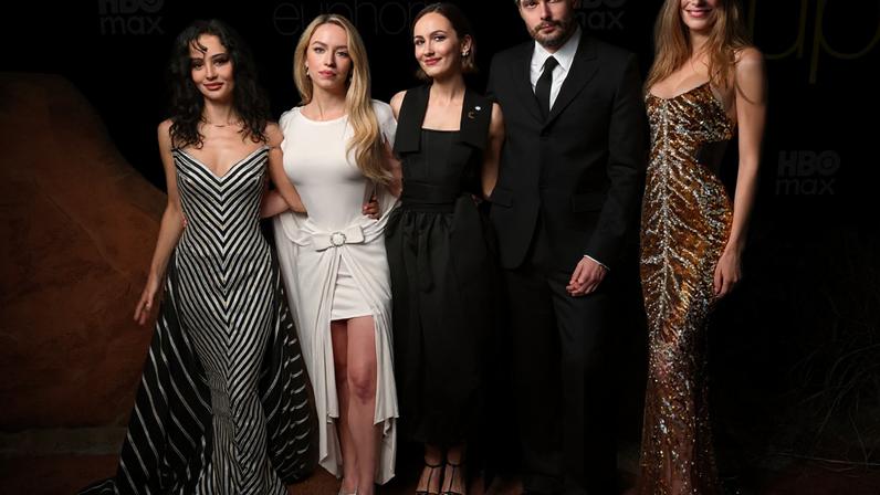 Alexa Demie, Sydney Sweeney, Maude Apatow, Sam Levinson and Hunter Schafer at HBO's "Euphoria" Season 3 Premiere held at TCL Chinese Theatre on April 07, 2026 in Los Angeles, California.