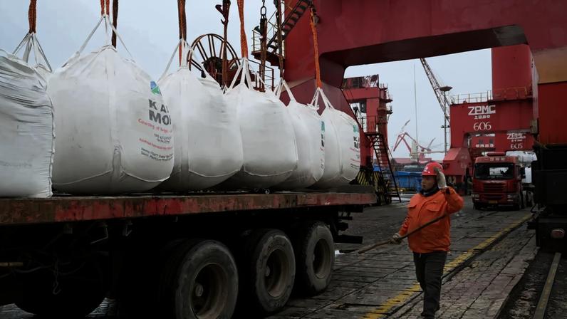 Trabalhadores descarregam fertilizantes de potássio importados de um navio de carga em um terminal de granéis no porto de Zhangjiagang, na China - 18/03/2026 (Foto: cnsphoto via REUTERS)