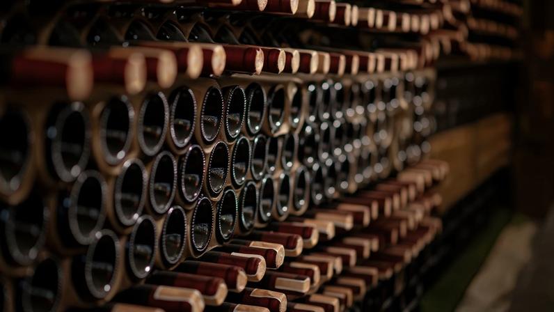 Row of wine bottles on a wooden shelf in a wine cellar