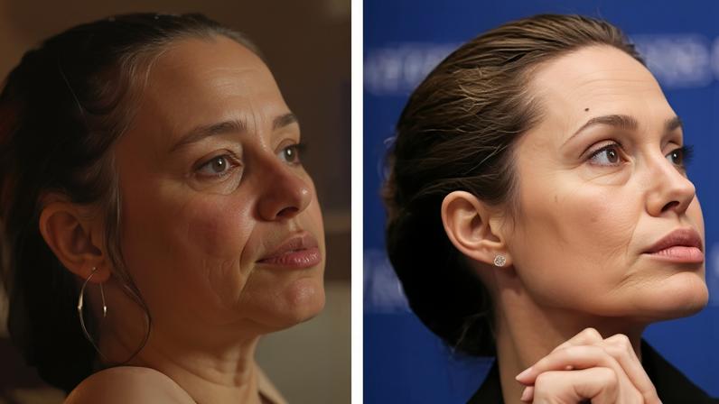 À esquerda, Shiloh Jolie aos 19 anos; à direita, Angelina Jolie aos 30 anos