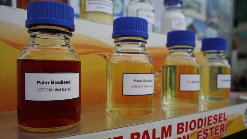 Garrafas de biodiesel de palma são exibidas em Sepang, Malásia