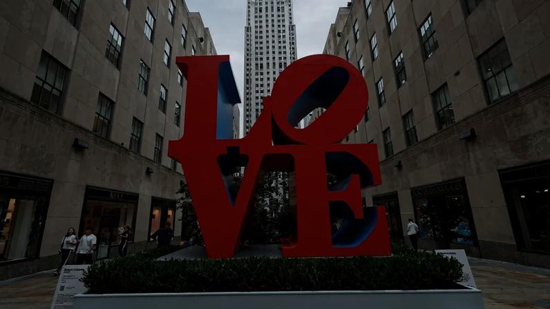 View of Robert Indiana's iconic *LOVE* sculpture at Rockefeller Center in New York, 2023.