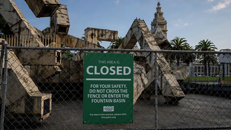 Vaillancourt Fountain with prominent Closed sign on construction fence, San Francisco, California, November 20, 2025. (Photo by Smith Collection/Gado/Getty Images)