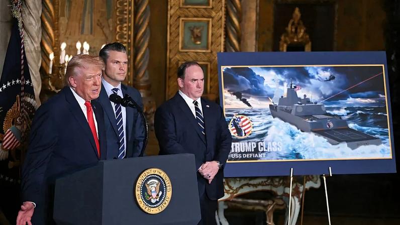 US President Donald Trump announces the US Navy's new Golden Fleet initiative, unveiling a new class of warships, at Mar-a-Lago in Palm Beach, Florida, on December 22, 2025. President Donald Trump on December 22 announced a new class of heavily armed warships that will be named after himself -- an honor usually reserved for US leaders who have left office. Two of the Trump-class ships will be built initially but that number could grow substantially in the future, according to the president, who said they will be "some of the most lethal surface warfare ships" and "the largest battleship in the history of our country." Trump made the announcement at his Mar-a-Lago residence in Florida alongside Pentagon chief Pete Hegseth, Secretary of State Marco Rubio and Navy Secretary John Phelan, with images of the planned high-tech vessels on stands nearby. (Photo by ANDREW CABALLERO-REYNOLDS / AFP via Getty Images)