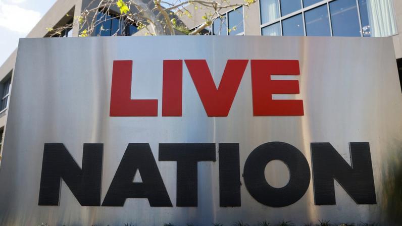 BEVERLY HILLS, CALIFORNIA - MARCH 09: The Live Nation logo is displayed at a Live Nation corporate office on March 9, 2026 in Beverly Hills, California. Live Nation has reportedly reached a tentative settlement with the Department of Justice which would require Live Nation, the owner of Ticketmaster, to pay around $200 million in damages. (Photo by Mario Tama/Getty Images)