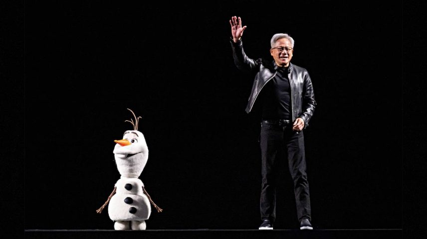 Criador e criatura: Huang e Olaf, o robô inteligente, em evento da Nvidia