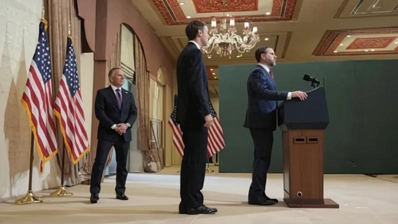 O vice-presidente dos EUA, JD Vance, Jared Kushner e Steve Witkoff durante uma coletiva de imprensa após as negociações com o Irã no Paquistão