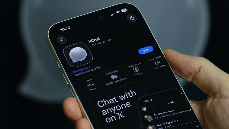 A person holding an iPhone with the XChat app seen in the App storre