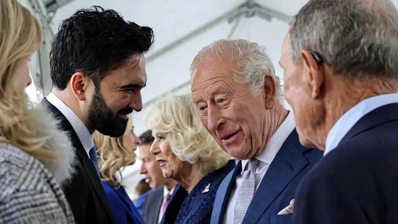 King Charles III standing next to Queen Camilla with New York City Mayor Zohran Mamdani.
