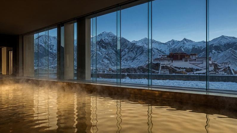 A piscina de ouro do St. Regis Lhasa fica a 3600 metros de altitude e tem o fundo revestido com milhares de azulejos banhados a ouro de verdade