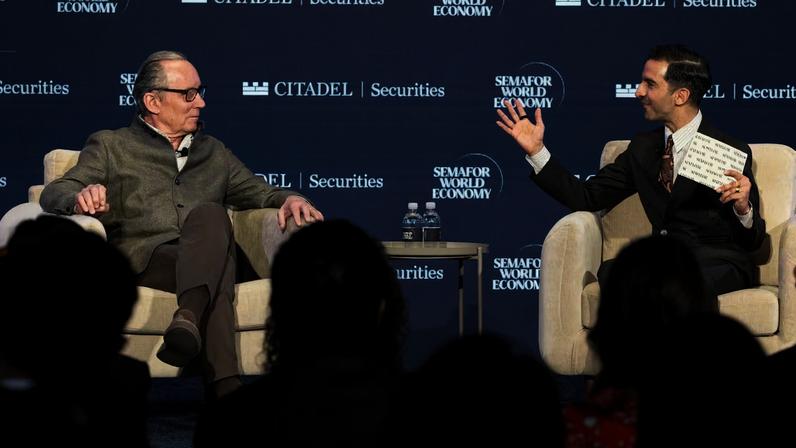 Zegna’s Ermenegildo Zegna and Imran Amed speaking onstage at the Semafor World Economy in Washington, DC.