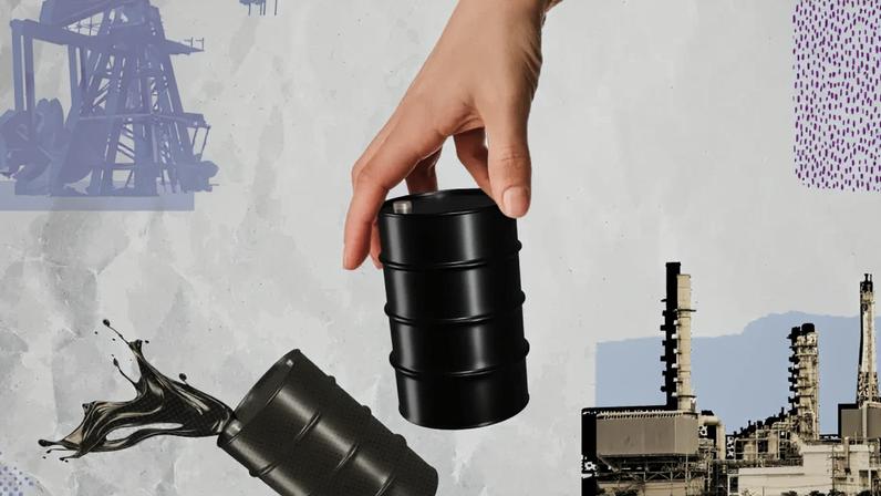 Imagem mostra uma mão segurando um barril de petróleo com recortes que fazem referência a petroleiras no fundo.