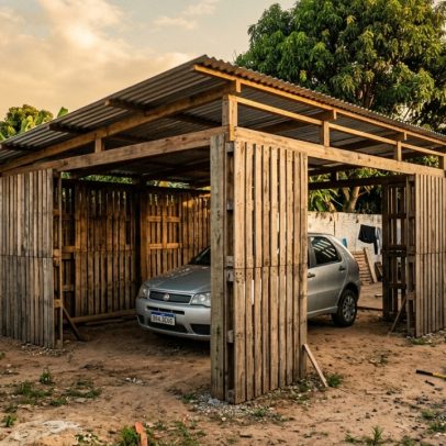 Homem constrói garagem dos sonhos com paletes após muito esforço