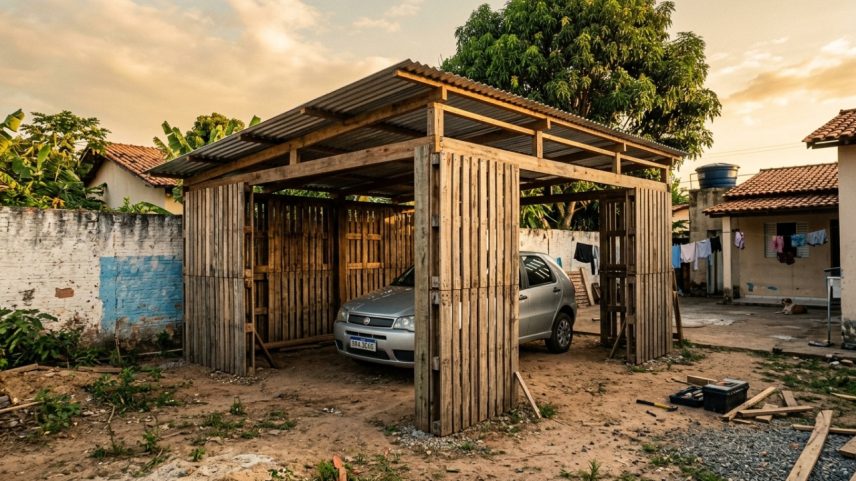Homem constrói garagem dos sonhos com paletes após muito esforço