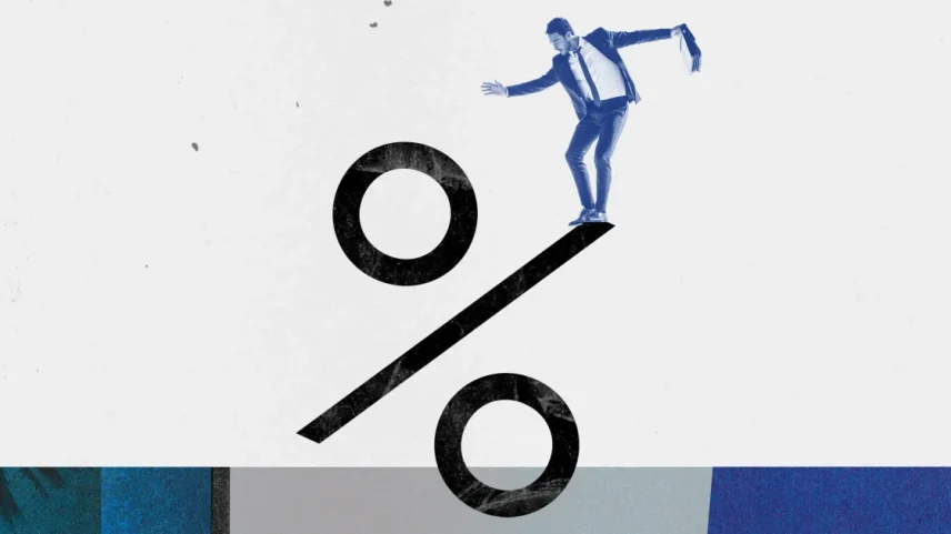 Ilustração mostrando o sinal de percentual e um homem se equilibrando sobre o sinal